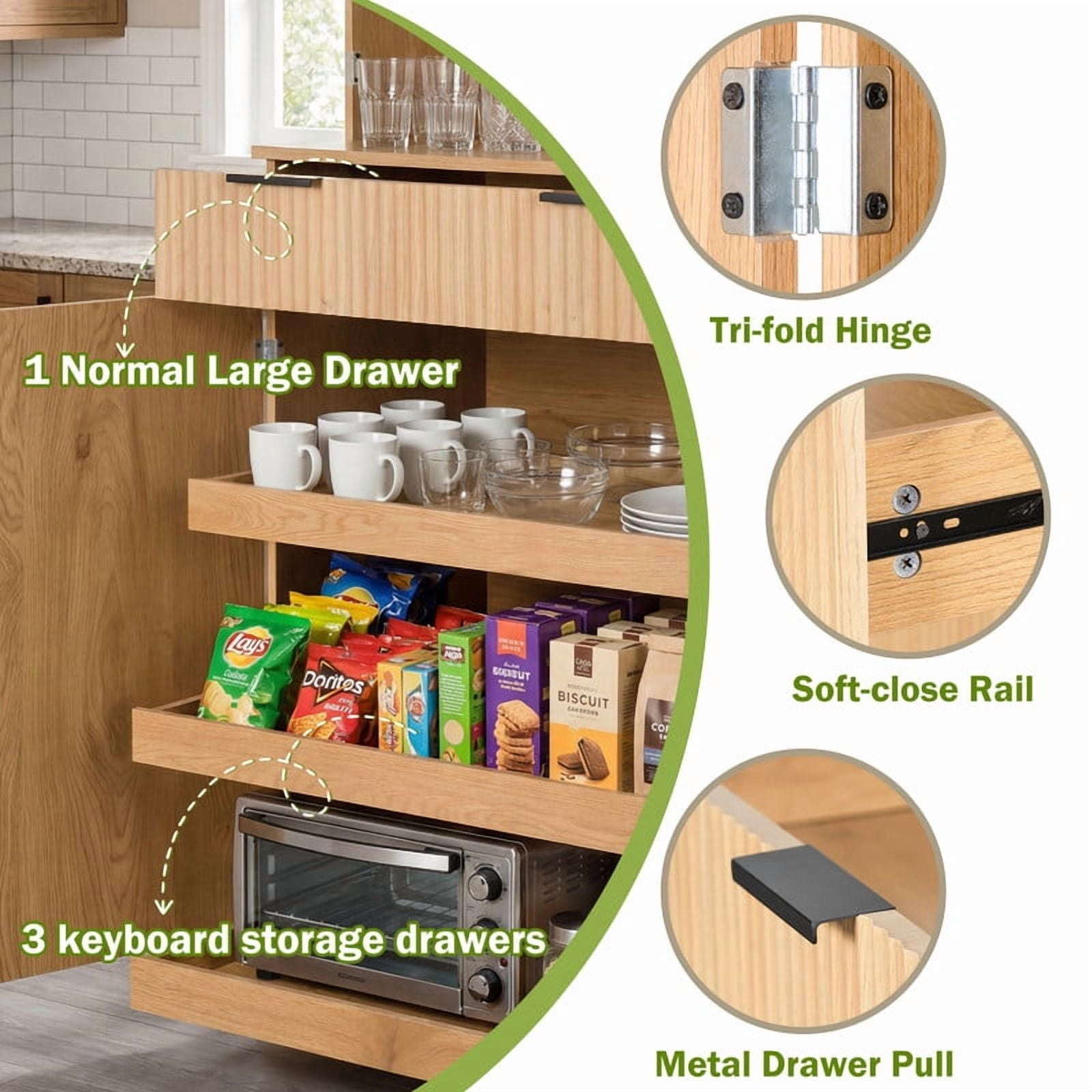 72'' Tall Fluted Kitchen Pantry Hutch with Rack & Drawer, Multi-Functional Storage Cabinet, Freestanding Cupboard Organizer