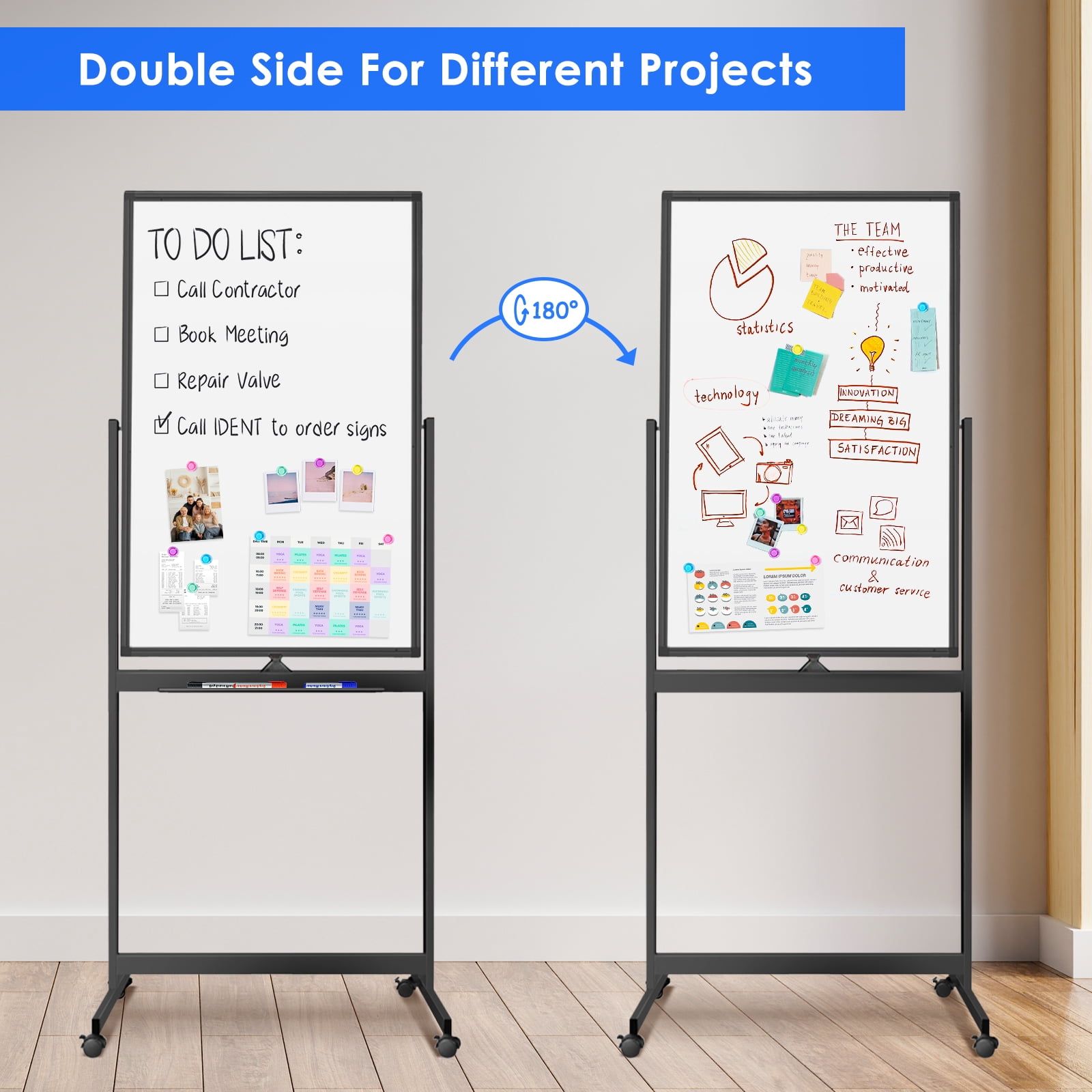 Magnetic Mobile White Board, 40 x 24 Maxtek Double Sided Dry Erase Board Rolling Whiteboard, Aluminum Frame Standing Whiteboard on Wheels for Home Office Classroom (40 x 24 Black)