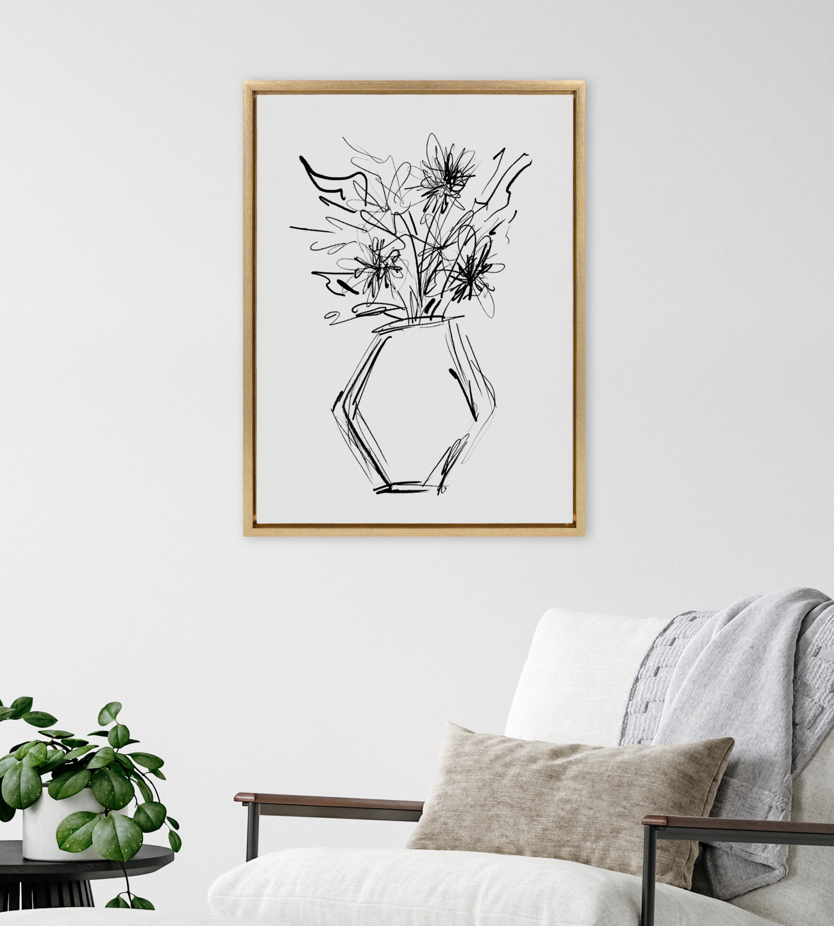 DesignOvation Sylvie BB Line Drawn Flower Vase Hexagon Framed Canvas Wall Art by Border Bloom, 18x24 Bright Gold, Minimalist Flower Home Décor