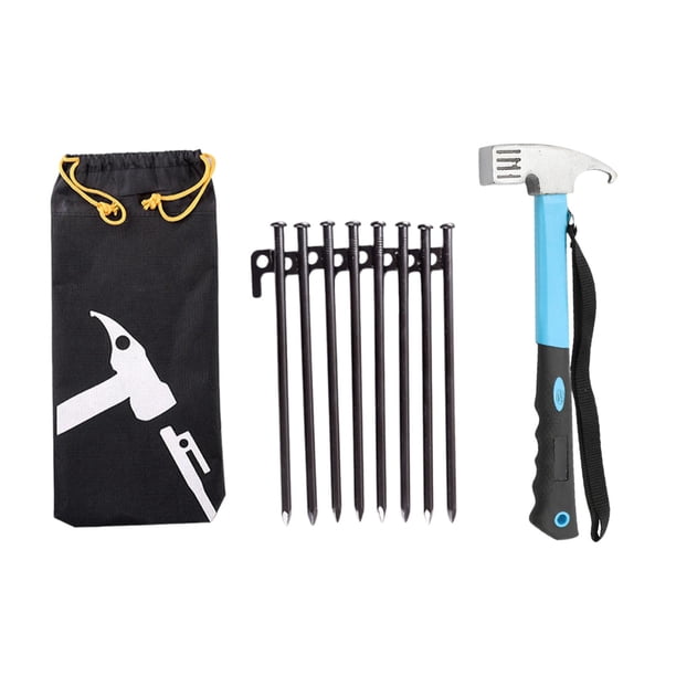 8 piquetas para tienda de campaña y martillo para acampar. Piquetas para acampar portátiles, irrompibles y resistentes. Martillo azul