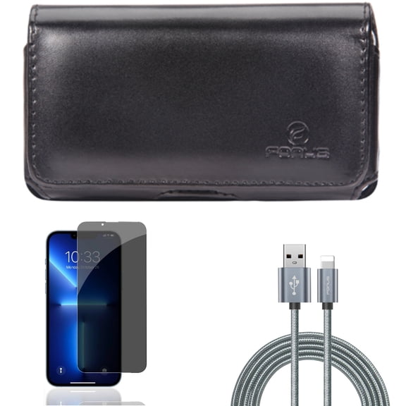Privacy Screen Protector & Case Belt Clip & 10ft USB Cable for iPhone 13/Pro - Combo with Tempered Glass Curved Anti-Spy & Leather Swivel Holster & Charger Cord Power Wire