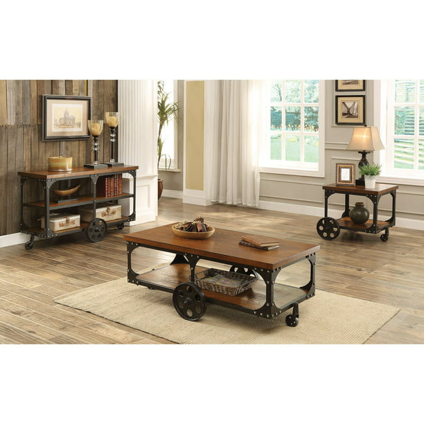 Solid Wooden Sofa Table, Industrial Sofa Table With Shelves