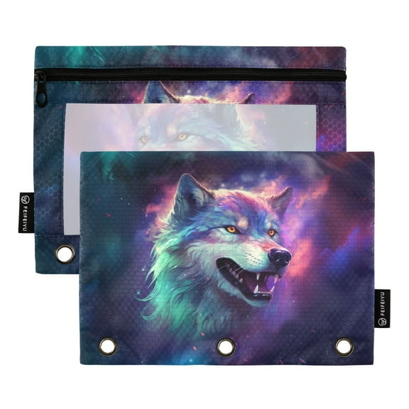 2 Pack Pencil Pouch for 3 Ring Binder Zipper Pencil Case Wolf Clear Window Pencil Bag Organizers