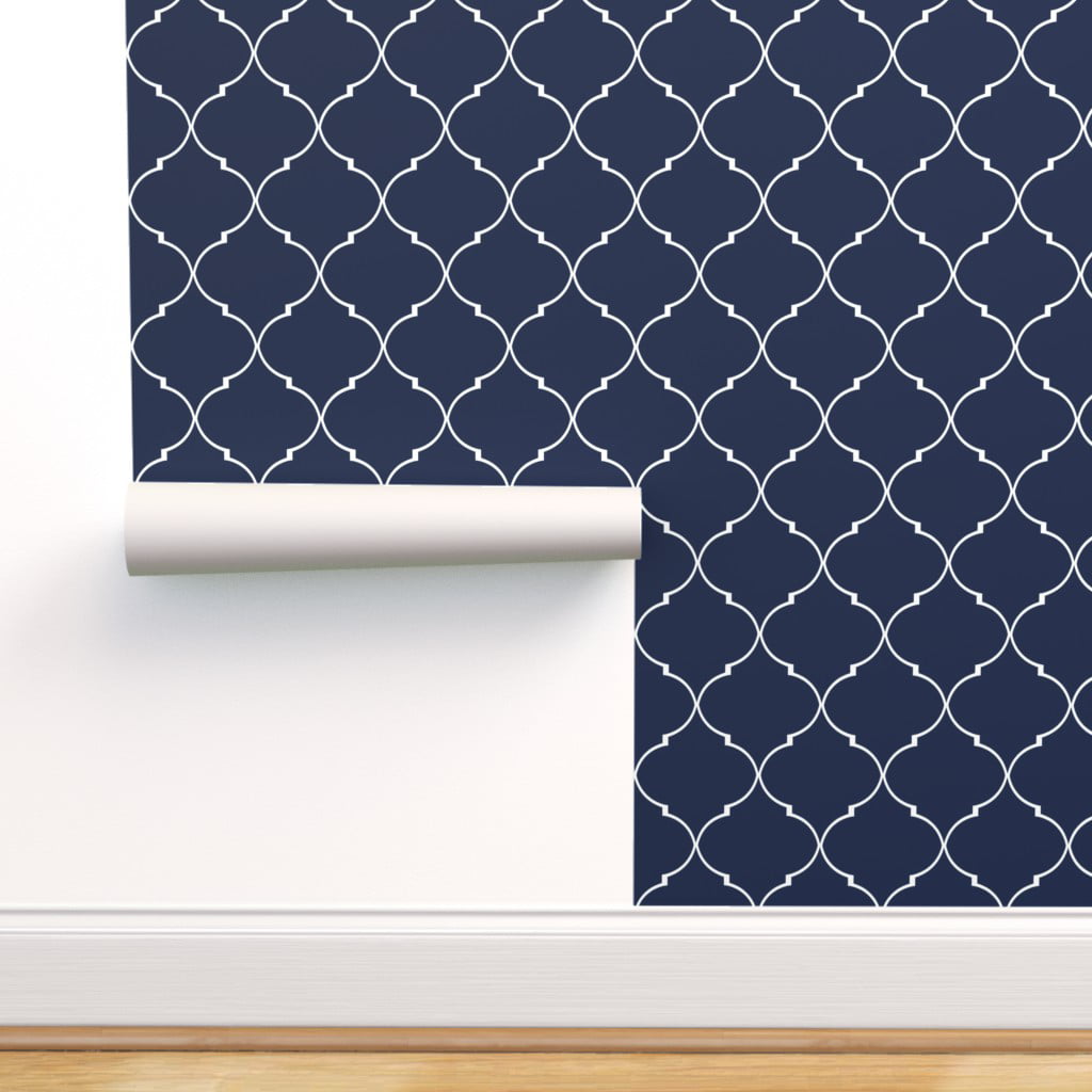 Removable Water-Activated Wallpaper Moroccan Tile Blue White Geometric Ogee 