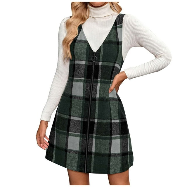 Lenpel Robe Salopette à Carreaux pour Femme Automne Hiver Décontractée Sans Manches à Col en V à Fermeture Éclair Robe d'Extérieur Mini Robe Chasuble (Vert, Grand)