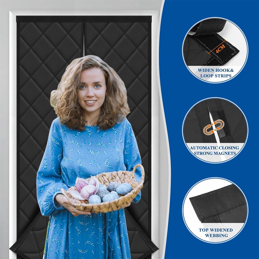 Magnetic Thermal Insulated Door Curtain, Size 34" x 82", Upgraded Oxford Cloth Filled with Thicken Cotton, Insulation Cover Blanket for Winter/French/Patio/Sliding Glass Doors, Black