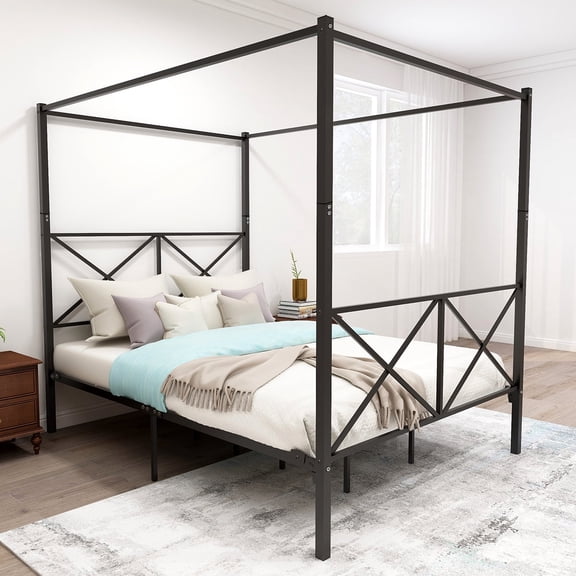 Queen Metal Canopy Bed Frame, Black Platform Bed Frame with X-Shaped Headboard and Footboard, 4-Post Metal Canopy Bed with 12.4" Under-Bed Storage, Noise-Free Steel Slat Support, No Box Spring Needed