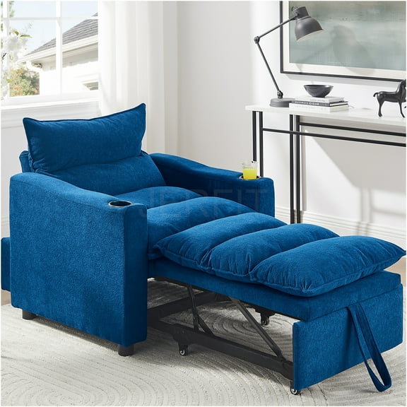 JERFIT Modern Velvet Convertible Sleeper Chair Bed 3-in-1 Recliner with Cup Holder for Small Space, Blue