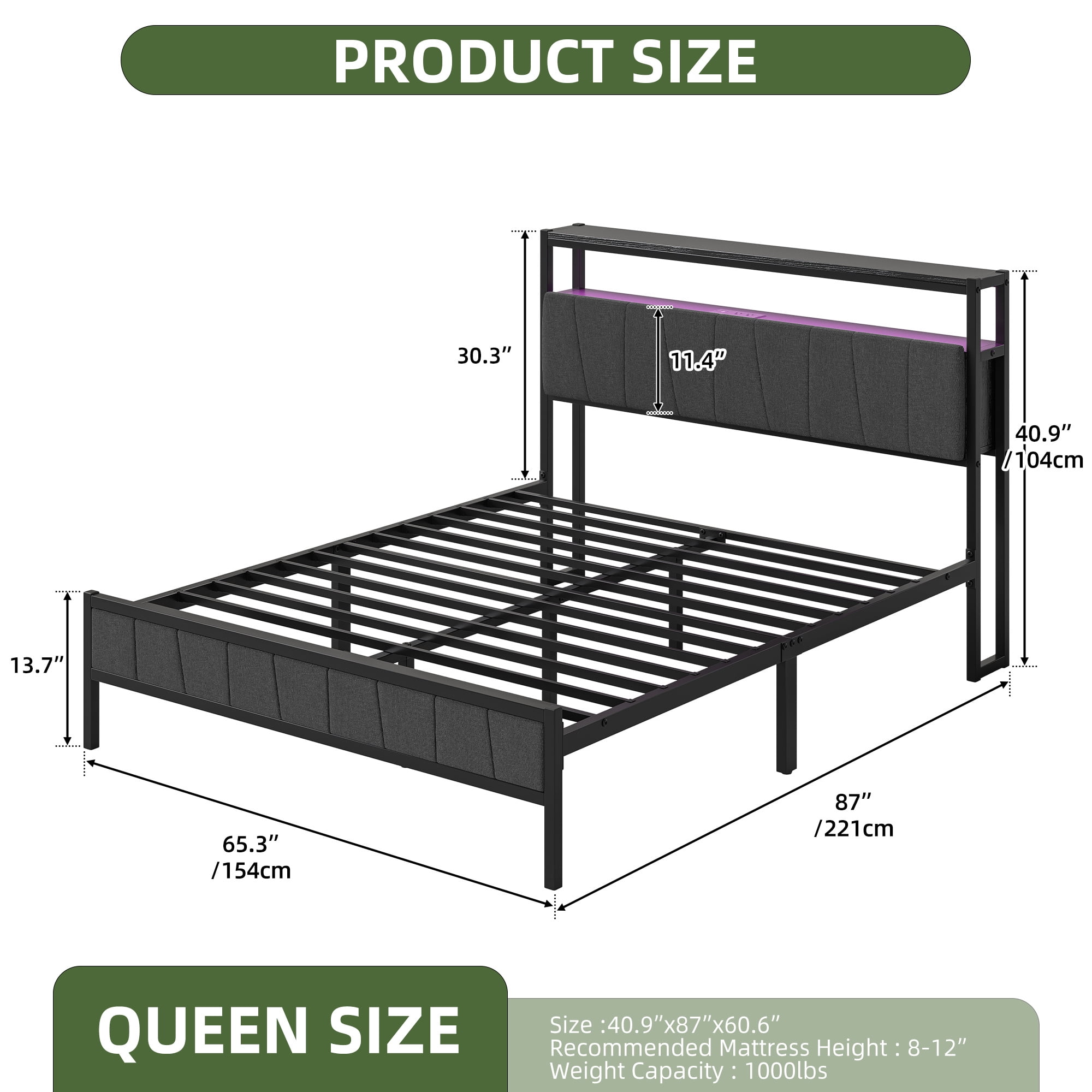 Uforic Queen Bed Frame with LED Lights, Power Hub, and Storage Headboard, No Box Spring Needed, Gray