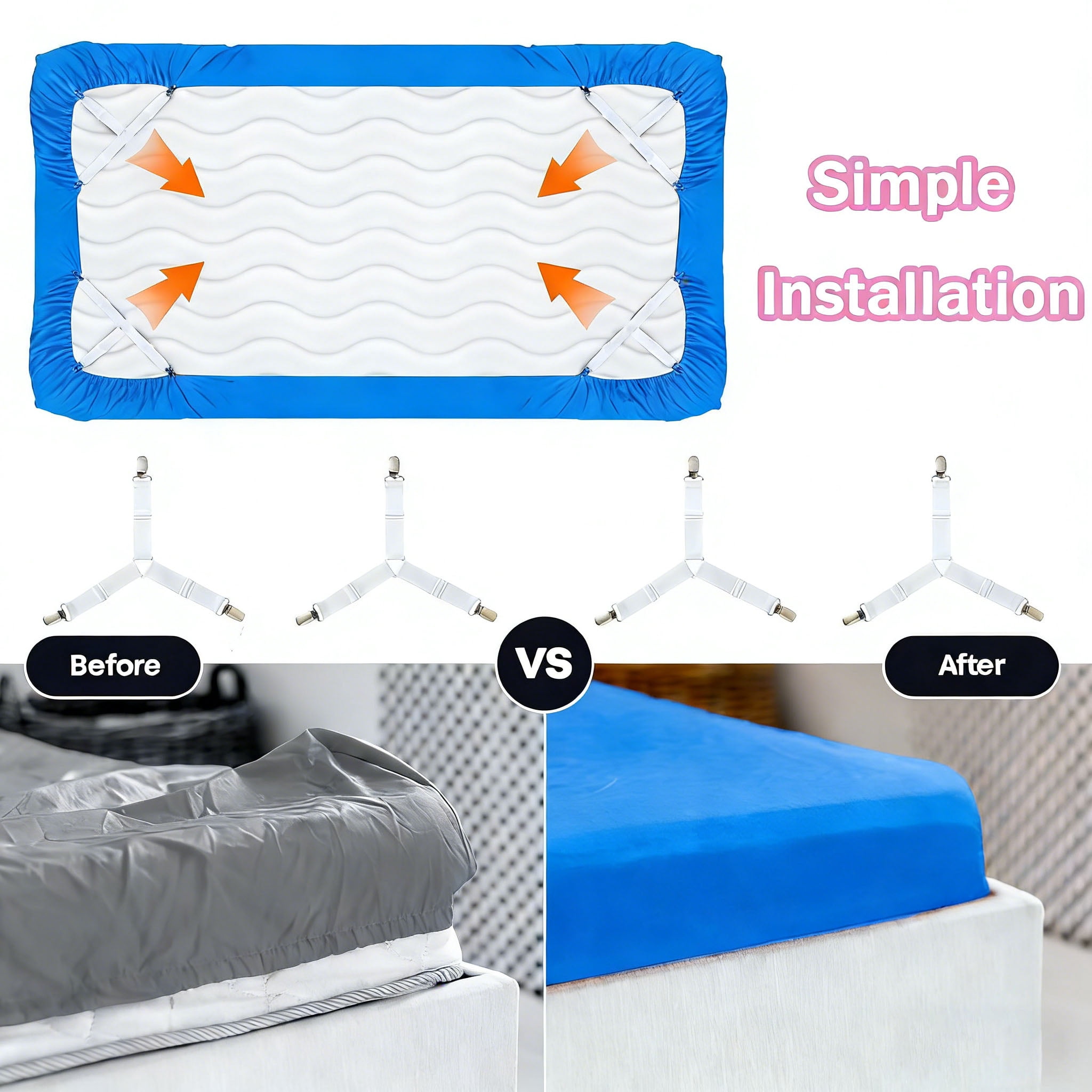 4 pcs Bed Sheet Holder Straps, Adjustable Fitted Sheet Holders, Adjustable Bed Sheet Strap, Bed Sheet Holders for Corners, Fitted Sheet Clips to Hold Sheets in Place