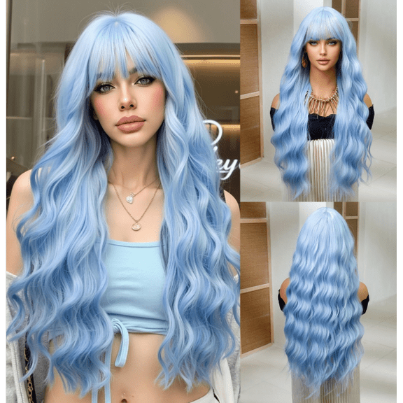 Mictong 28 inch long curly bangs wig, natural fluffy wavy wig, fashionable and cute bangs wig, soft high-temperature silk bangs wig, suitable for cosplay, 1 piece, blue