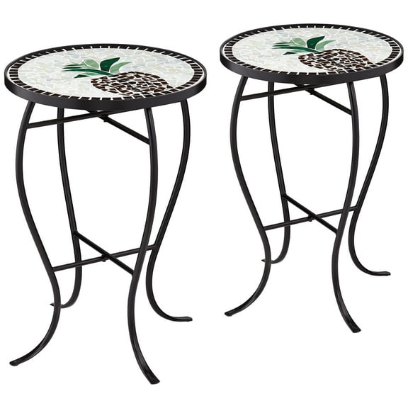 Teal Island Designs Modern Black Round Outdoor Accent Side Tables 14" Wide Set of 2 Beige Mosaic Tabletop for Front Porch Patio Home House