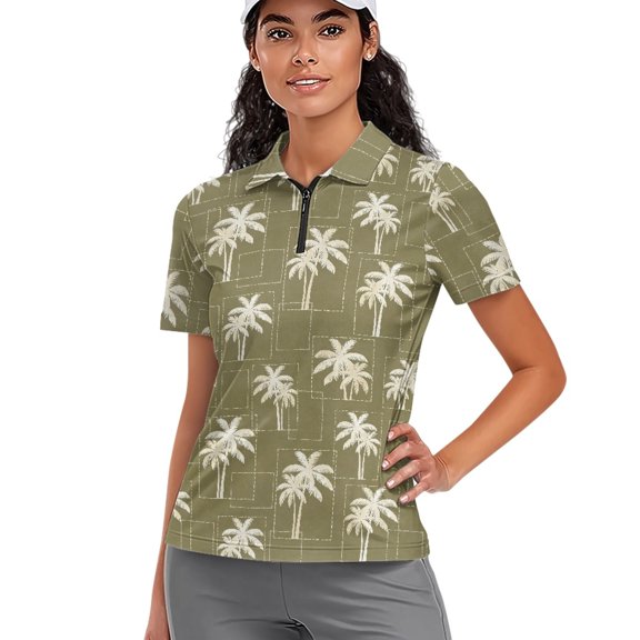 Whosucclay Palm Tree Pattern Soft Golf Short Sleeve Shirt for Tennis Gym Travel, Skin Friendly Golf Polo Tops 1/4 Zip Polyester Tennis Shirts Size Small