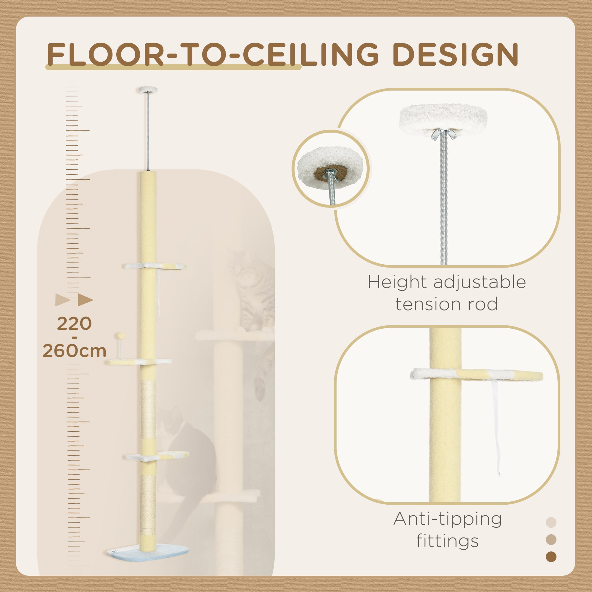 KAAYEE Wooden Cat Tree, Floor to Ceiling 4-Tier Tall Cat Tower,Height Adjustable 86.5-102.25" Yellow