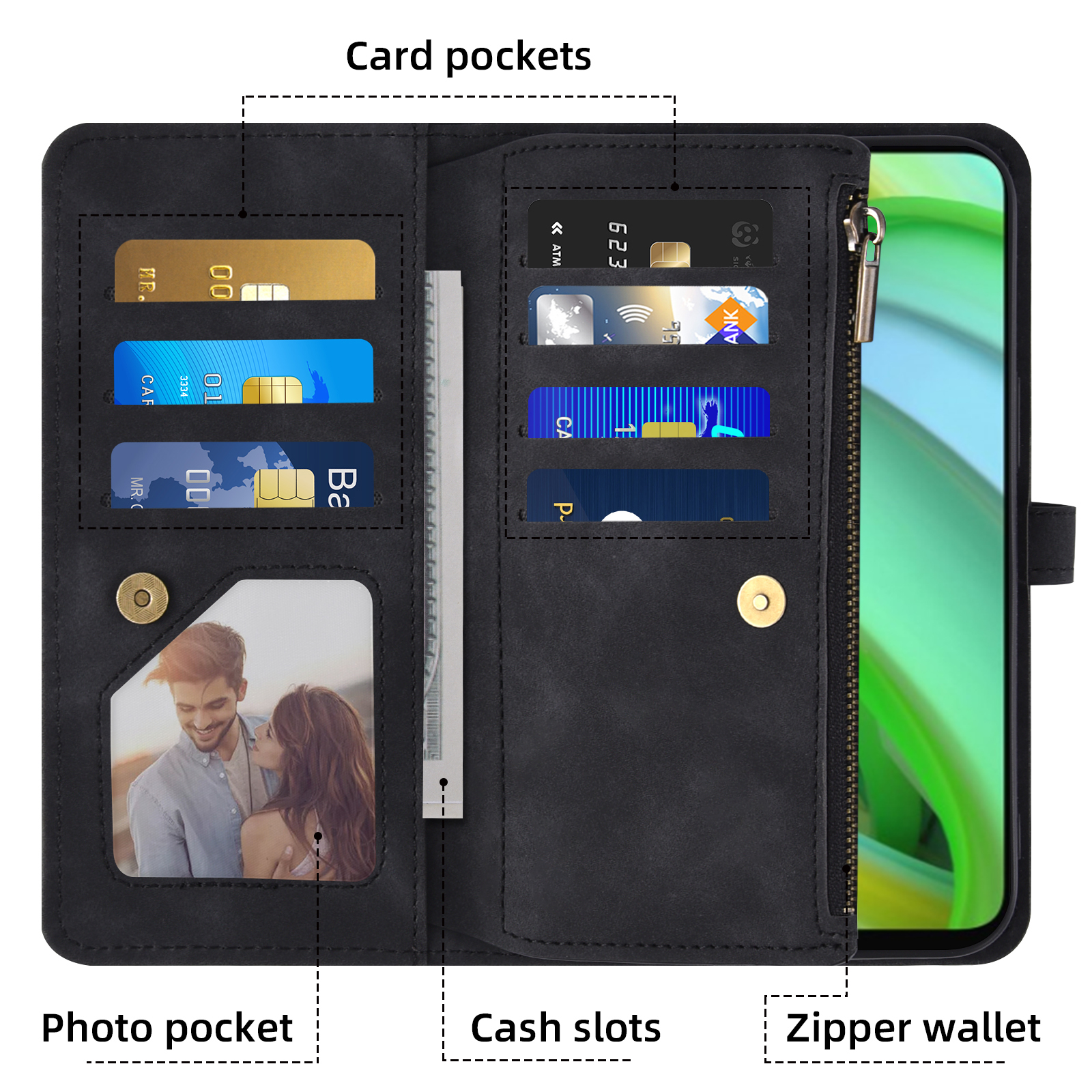 Asuwish Phone Case for Motorola Moto G Power 5G 2023 Wallet Cover With Tempered Glass Screen Protector Crossbody Wrist Strap Flip Pattern Zipper Credit Card Holder Stand Cell GPower G5 Women Black