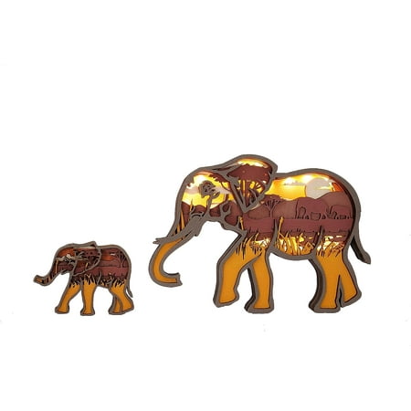 

3D Wooden Animals Carving Led Night Light Wood Carved Lamp Modern Festival Decoration Home Decor Desktop Desk Table Living Room Bedroom Office Farmhouse Shelf Statues Perfect Gifts (Elephants)