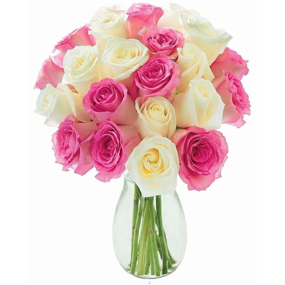 KaBloom : 12 Pink Roses, 12 White Roses with Vase, Next-Day Delivery, Gift for Every Occasion.