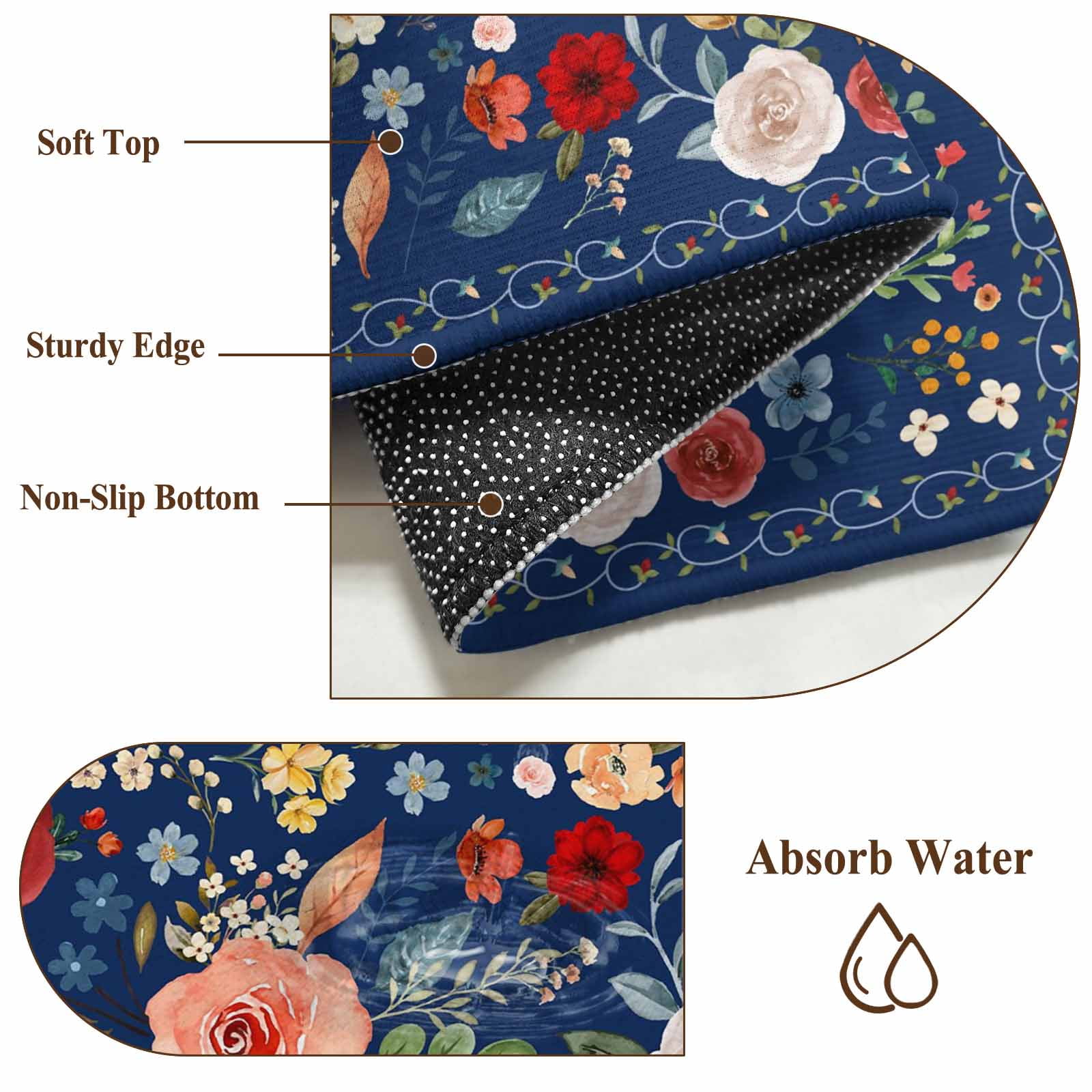 Navy Blue Flowers Area Rugs 4'x6', Washable Small Throw Rugs for Office Bathroom, Spring Vintage Floral Leaves Farmhouse Indoor Outdoor Rug Non-Slip Low Pile Carpet Runner Reversible Floor Mats