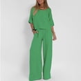 thumbnail image 2 of GILIGEGE Linen Sets for Women 2 Piece Summer Ladies' Casual Summer Solid Color Short Sleeved Cotton and Linen Top Loose Pants Set Wide Leg Pants Tracksuit Lounge Matching Sets Green Xl, 2 of 7