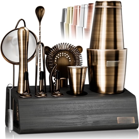 Mixology Bartender Kit Bar Set | 14-piece Cocktail Shaker Martini Barware Mixing Tools For Home Bartending Incl. 35 Recipe Cards Gift (28oz Brass/black)