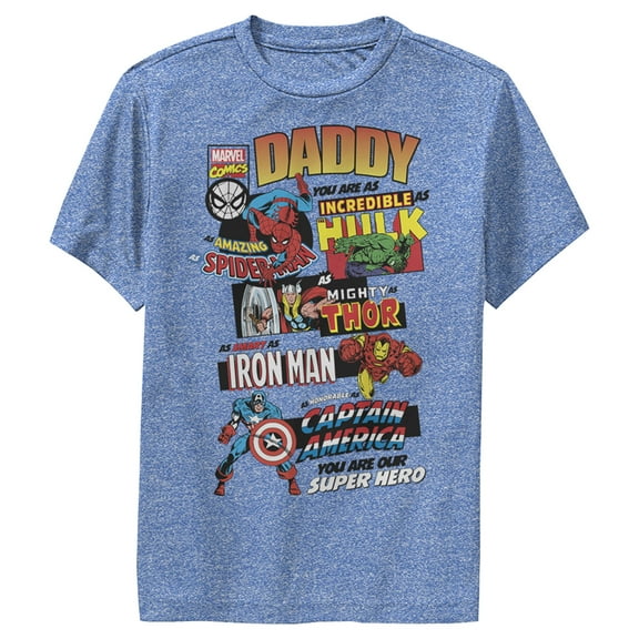 Boy's Marvel Daddy You are Our Super Hero Performance Graphic Tee Royal Blue Heather Medium