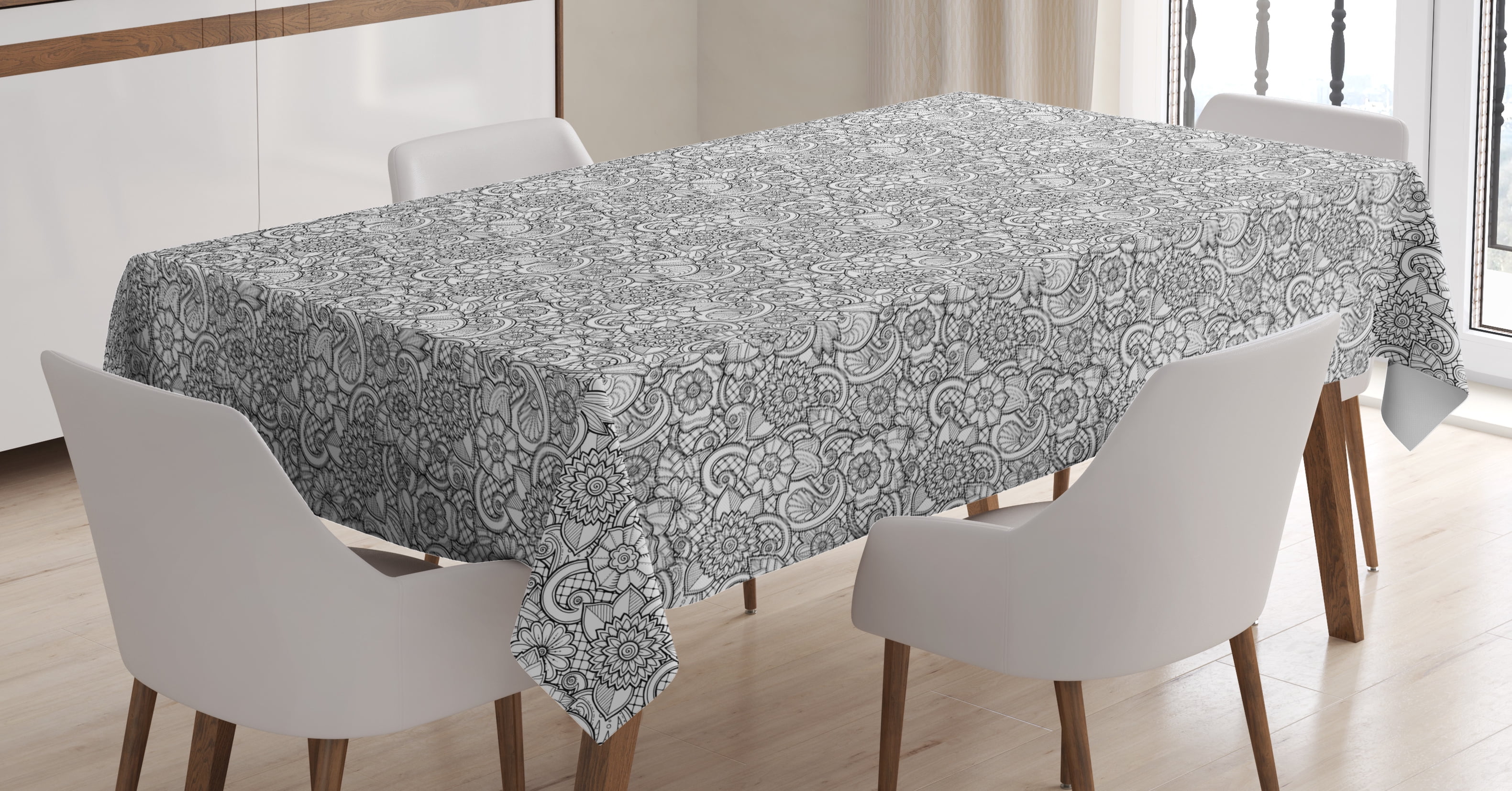 Black and White Tablecloth, Paisley Design with Sketch Style Flowers ...