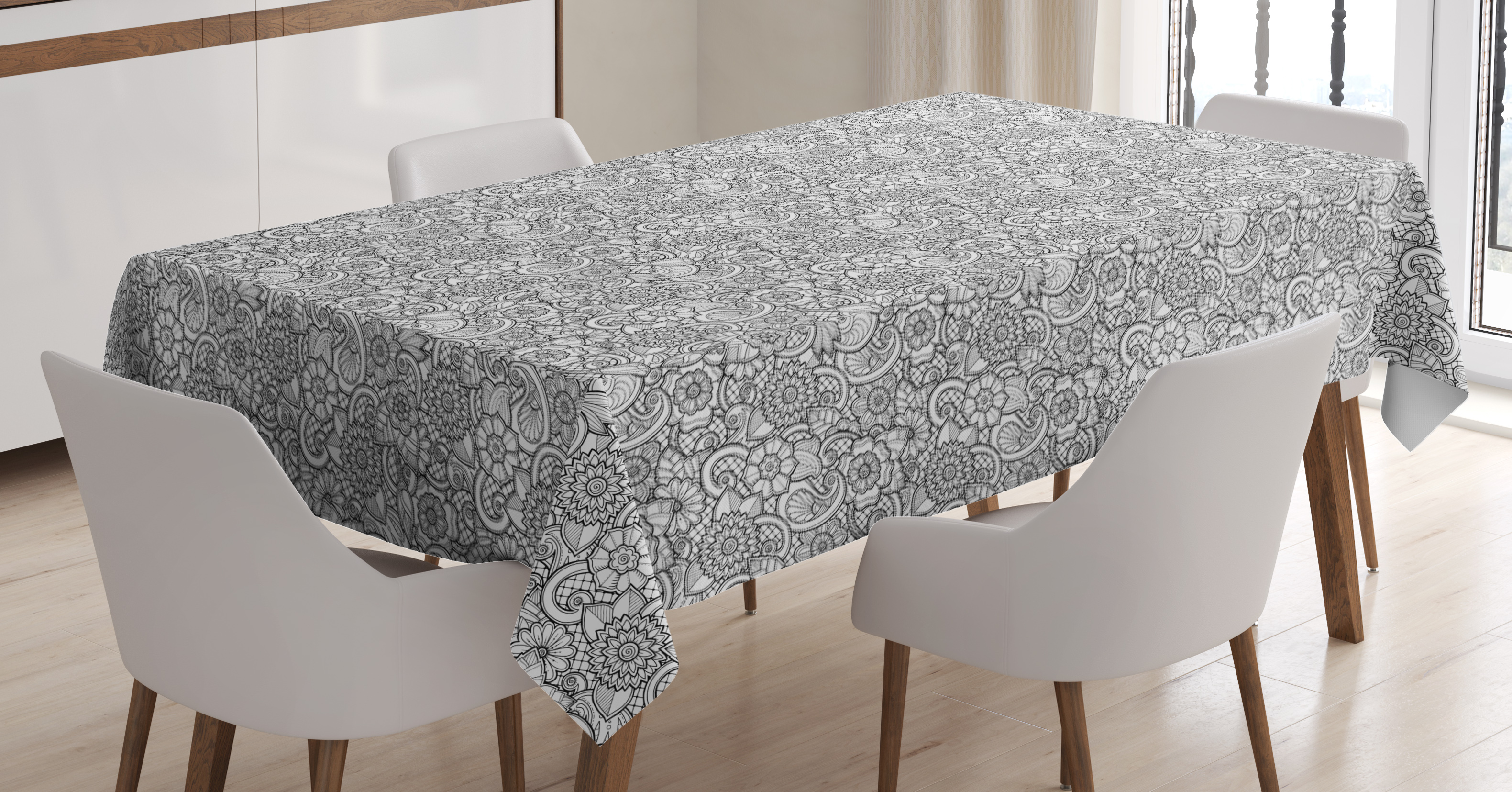 Black and White Tablecloth, Paisley Design with Sketch Style Flowers