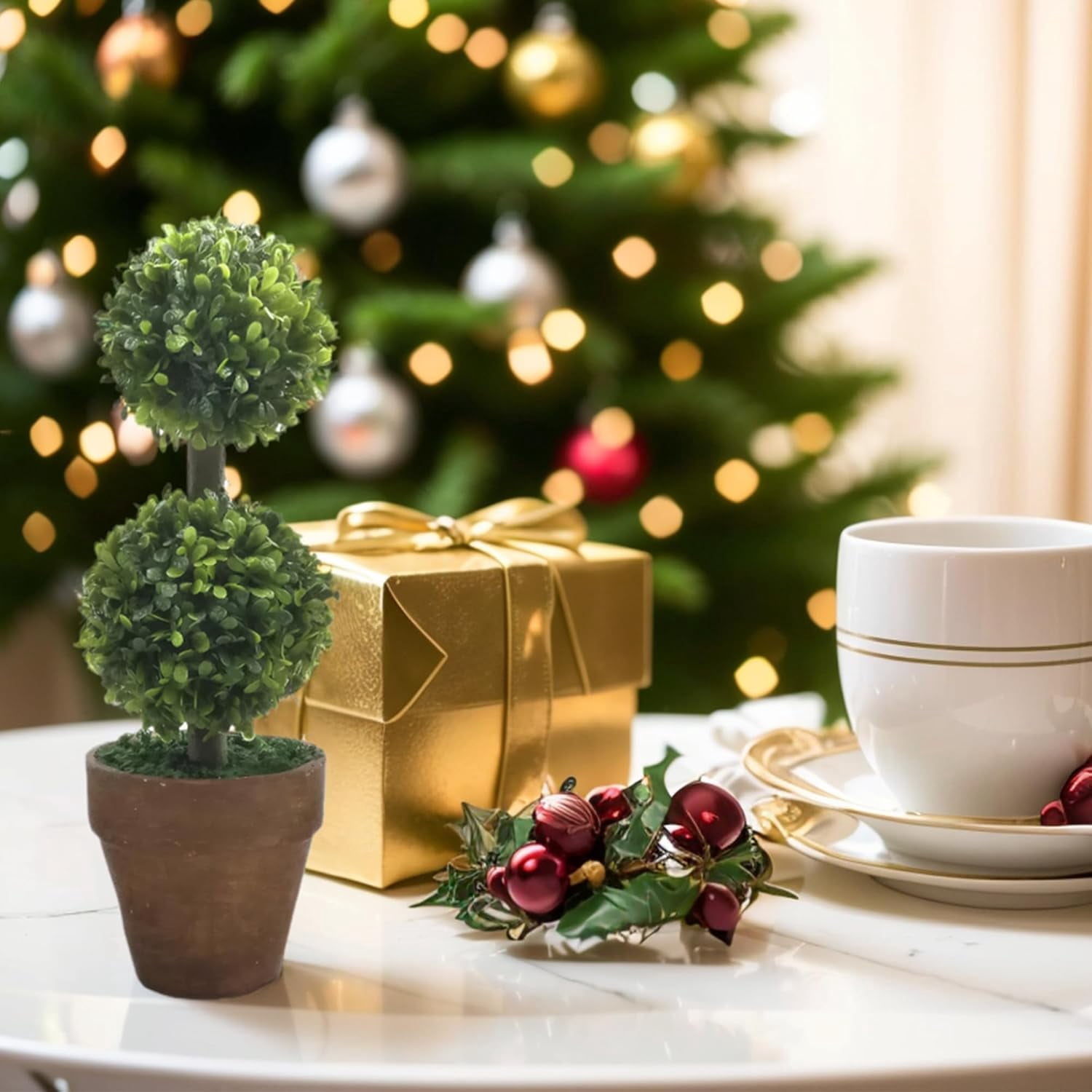 Small Fake Potted Plant Decor: 3 Pack Artificial Topiary Shrubs Decorative Plant Indoor Outdoor, 8.27" Plastic Tall Fake Plants for Home Kitchen Living Room Shelf Desk Greenery Decor