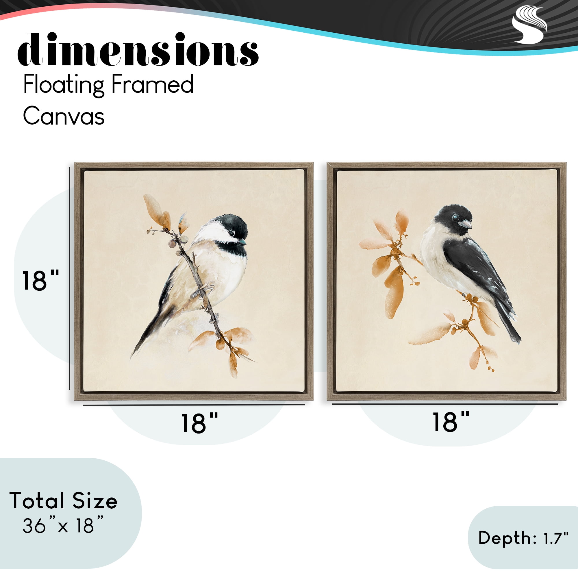 Stupell Industries Muted Chickadees on Beige 2 Piece Brown Framed Floater Canvas Set, design by Diannart