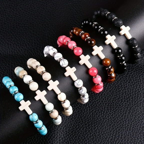 8Pcs Cross Charm Beaded Bracelets BFF Gift Couple Bracelet God Bless you