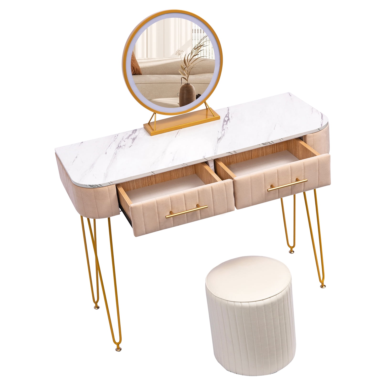 Resenkos Makeup Vanity Desk with Round Mirror and LED Lights for Bedroom, 40" Dressing Table Dresser Stool Resenkos Makeup Vanity Desk with Round Mirror and LED Lights for Bedroom, 40" Dressing Table Dresser Stool