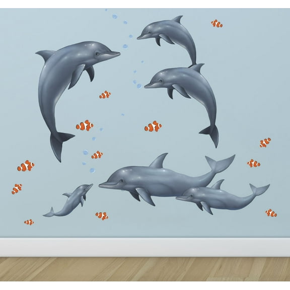 Dolphin Family Wall Decals, Fish & Bubble Wall Stickers, Ocean Kids Room Decor