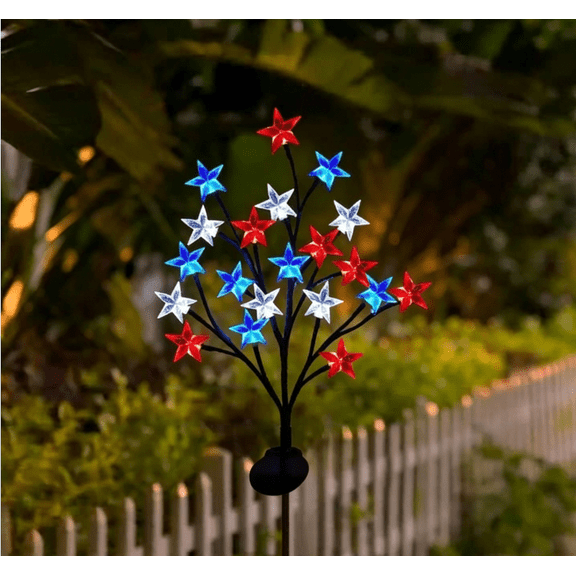 Votnto Red White Blue Star Solar Stake Lights, Patriotic Tree Branch Garden Lights for Independence Day Decor (1 PC)