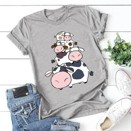

Kakina CMSX Clearance Womens Shirts for Summer Adult s Cow Round Neck Print T-shirt