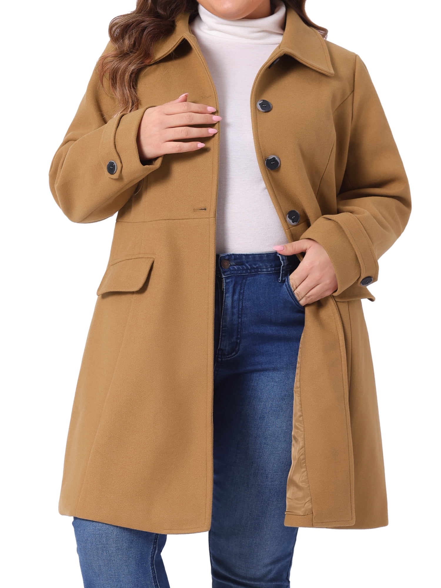 DARING DIVA Women's Plus Size Single Breasted Trench Coat with Pockets 1X Camel