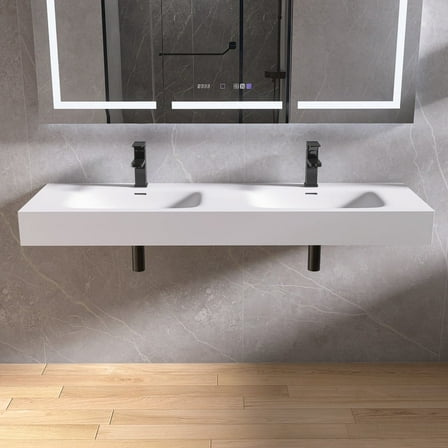 MEDUNJESS 59" Premium Wall Mounted Double Basins Sink Solid Surface Rectangular Bathroom Sink with Faucet Hole，Matte White