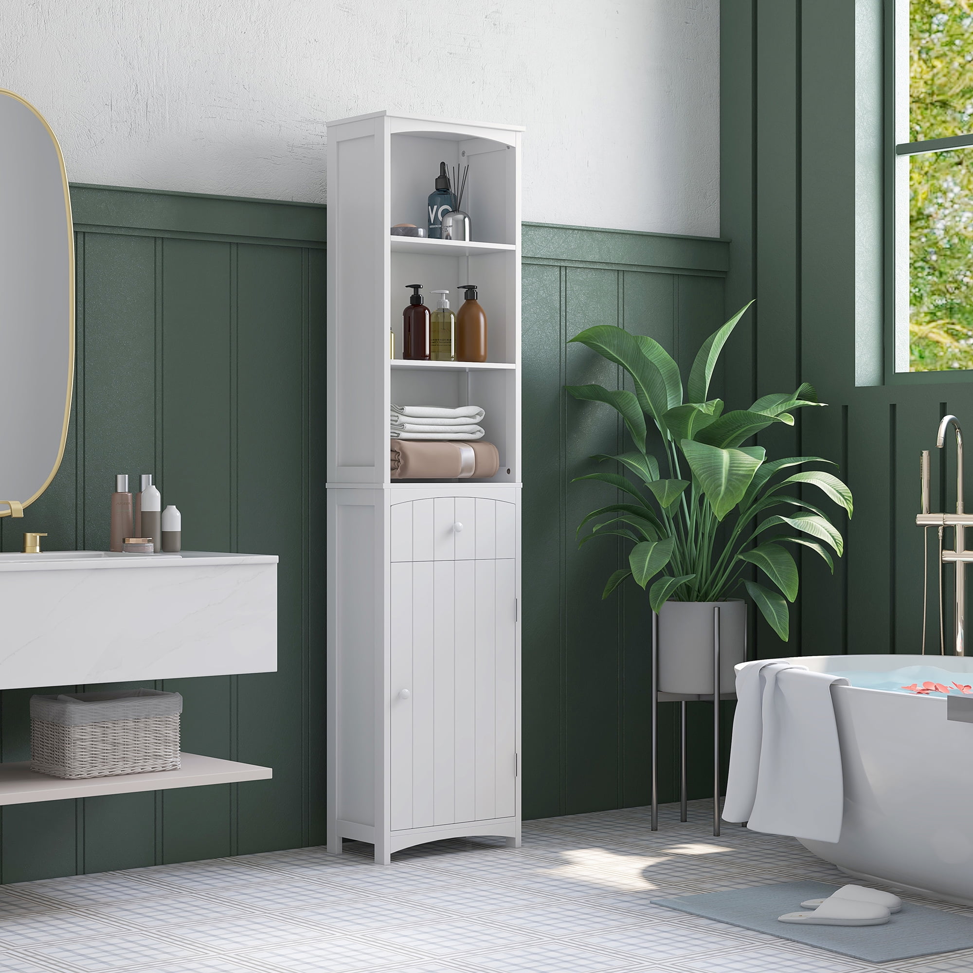 Bathroom Cabinet, White MDF Tall Storage with Drawer and Open Shelves, 13.5" W x 9.5" D x 67" H