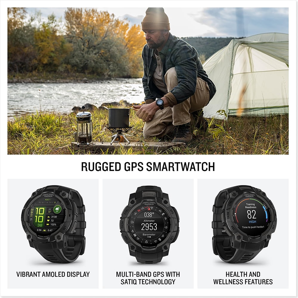 Garmin 010-02936-00 Instinct 3 - 45 mm Outdoor GPS Smartwatch AMOLED Black with Black Band Bundle with Deco Essentials Charging Dock, Silicone Dust Cover 3 Pack and 2-Pack Screen Protector