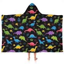 Black Cartoon Colorful Dinosaurs Plants Pattern Hooded Bath Towel，50"x30" for Ages 3 To 12 Kids, Quick Dry Lightweight Soft Microfiber Hood Beach Towel Cover Up for Kids