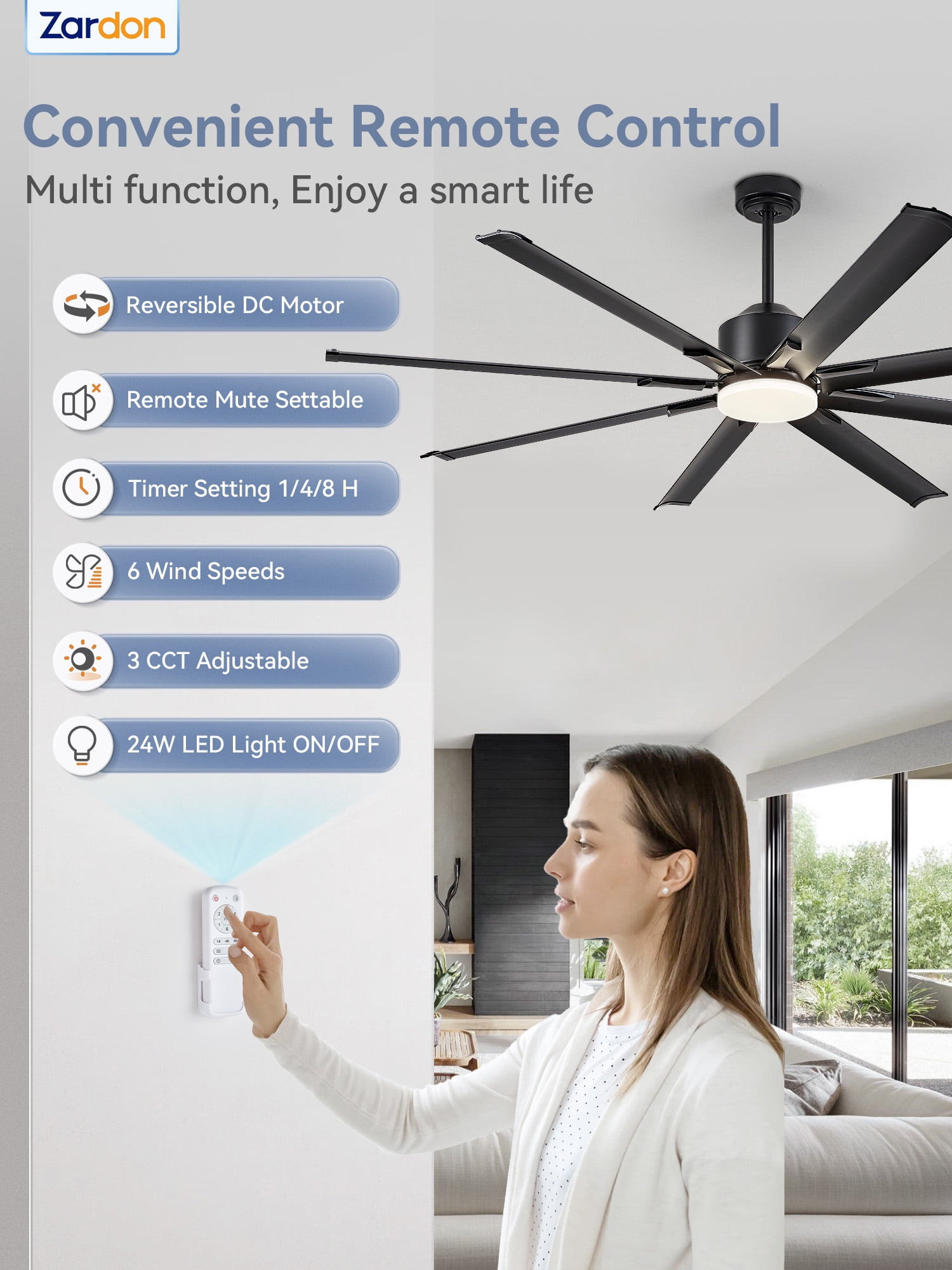 Zardon 72 in Large Ceiling Fans with Light and Remote, Modern Ceiling Fan with 6 Speed Reversible for Indoor, Outdoor, Black