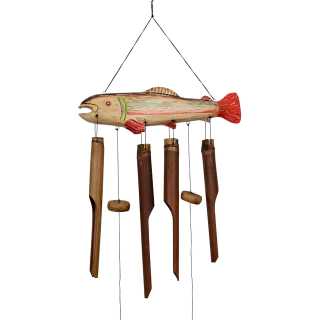 Móvil de Viento Cohasset Artesanal de Madera y Bambú con Diseño de Trucha