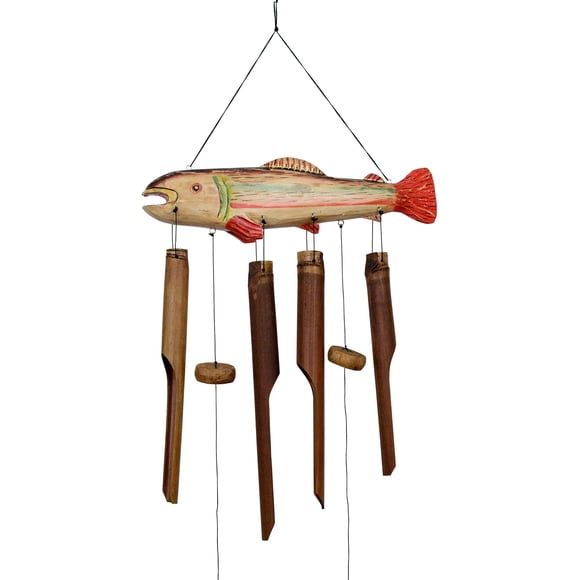 Móvil de Viento Cohasset Artesanal de Madera y Bambú con Diseño de Trucha