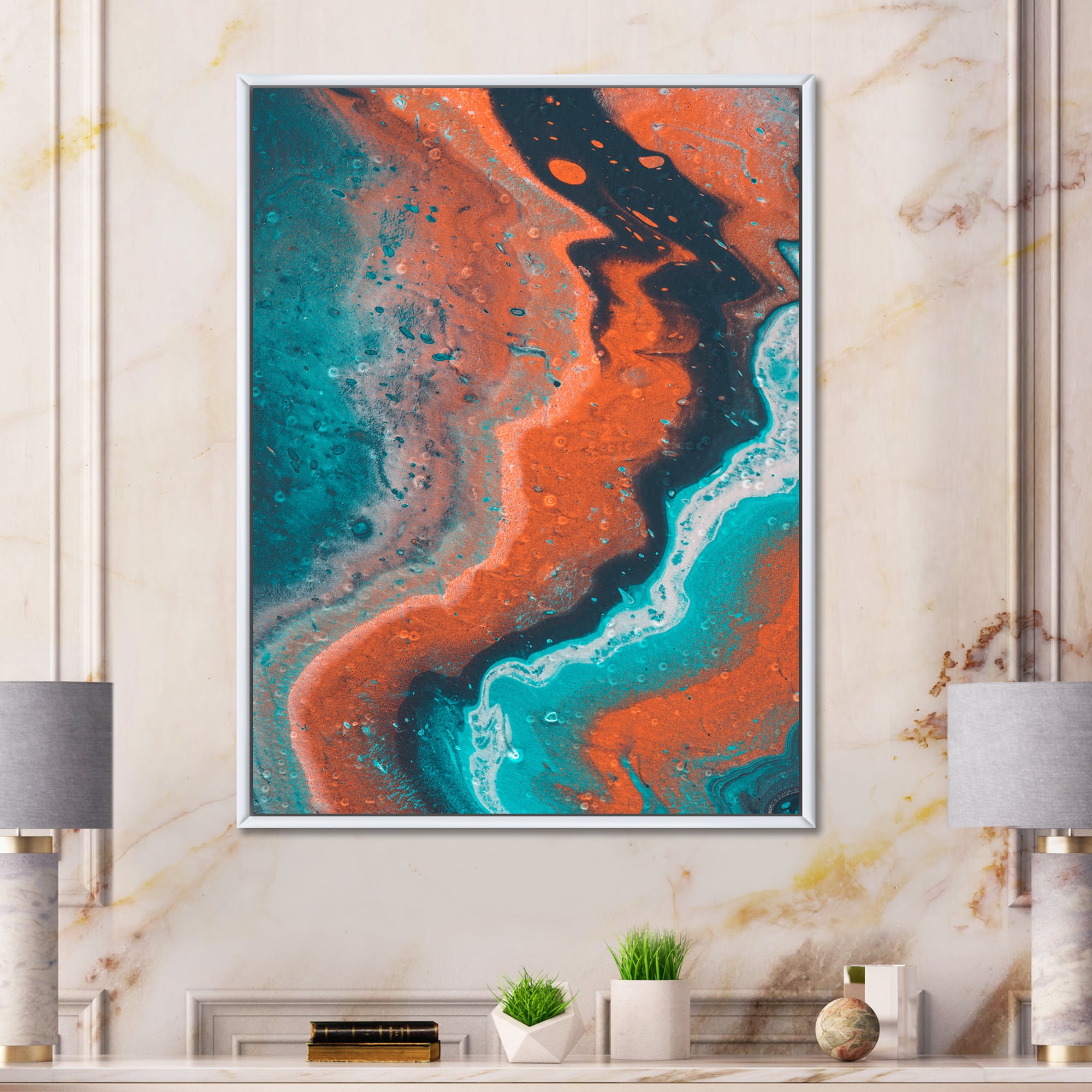 Designart 'Abstract Marble Composition In Orange and Blue I' Modern Framed Canvas Wall Art Print