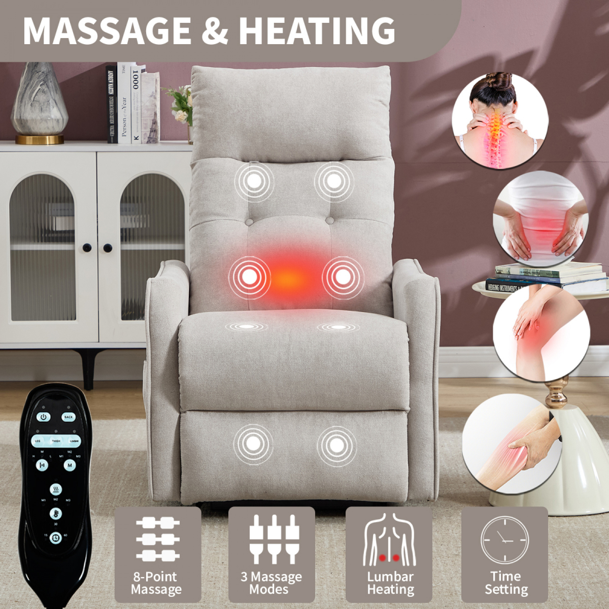 Beige  Chenille Single Motor Power Lift Recliner Chair with Massage and Heat for Elderly, Heavy Duty Motion Mechanism and One USB for Charging, Max Reclining Angle 155°