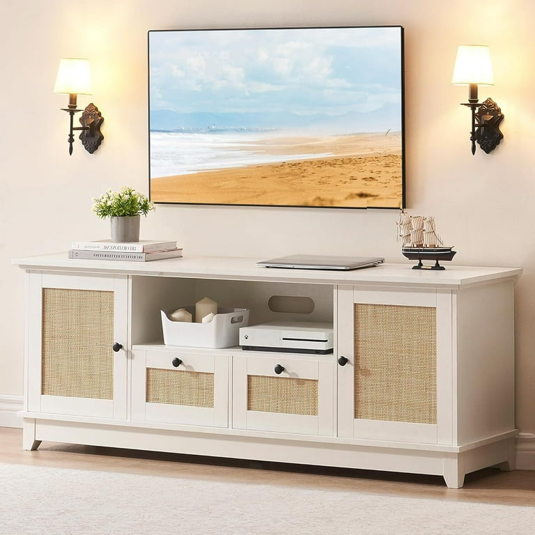 TV Stand for 65 inch TV Rattan Entertainment Center Media Console White