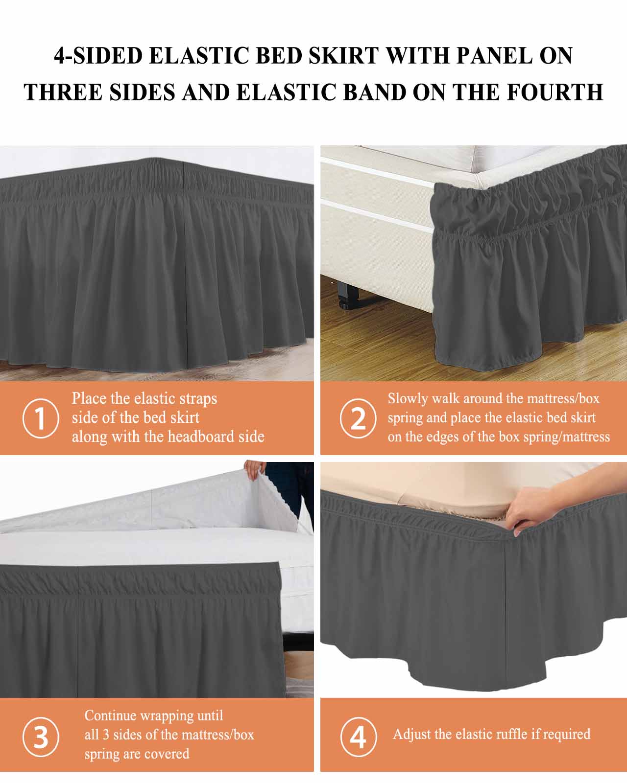 Dark Gray Bed Skirt Solid Color Bed Skirts California King Size 18 Inch Drop, Wrap Around Dust Ruffle&nbsp;Bedskirt with Adjustable Elastic Belt for Queen Size Beds