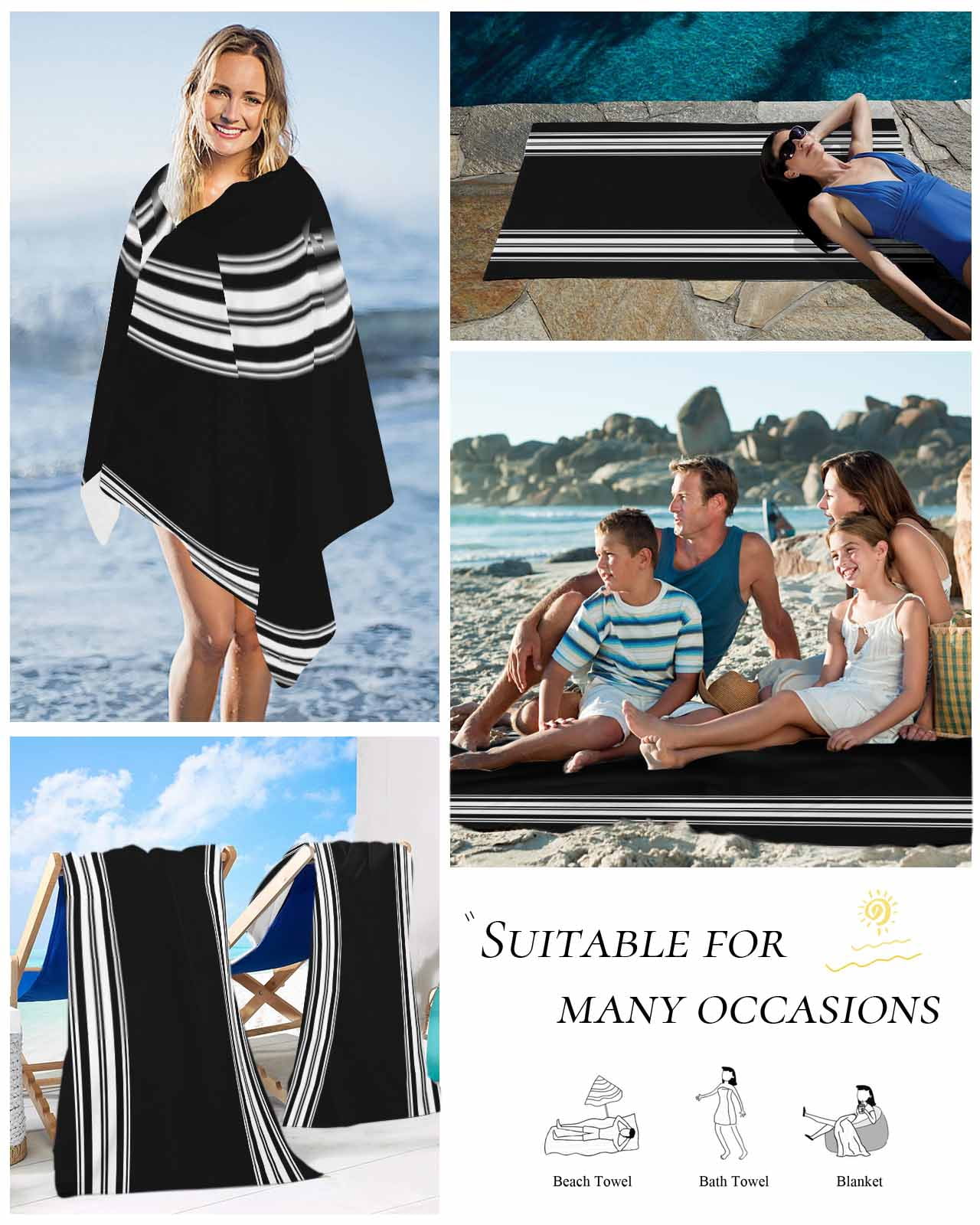 Black Striped Beach Towels Oversized Super Absorbent, Farmhouse Black White Stripes Lightweight Bath Towel Quick Dry Sets For Bathroom/Pool/Rv Camping/Beach Play/Gym Room/Picnic 30"x60"