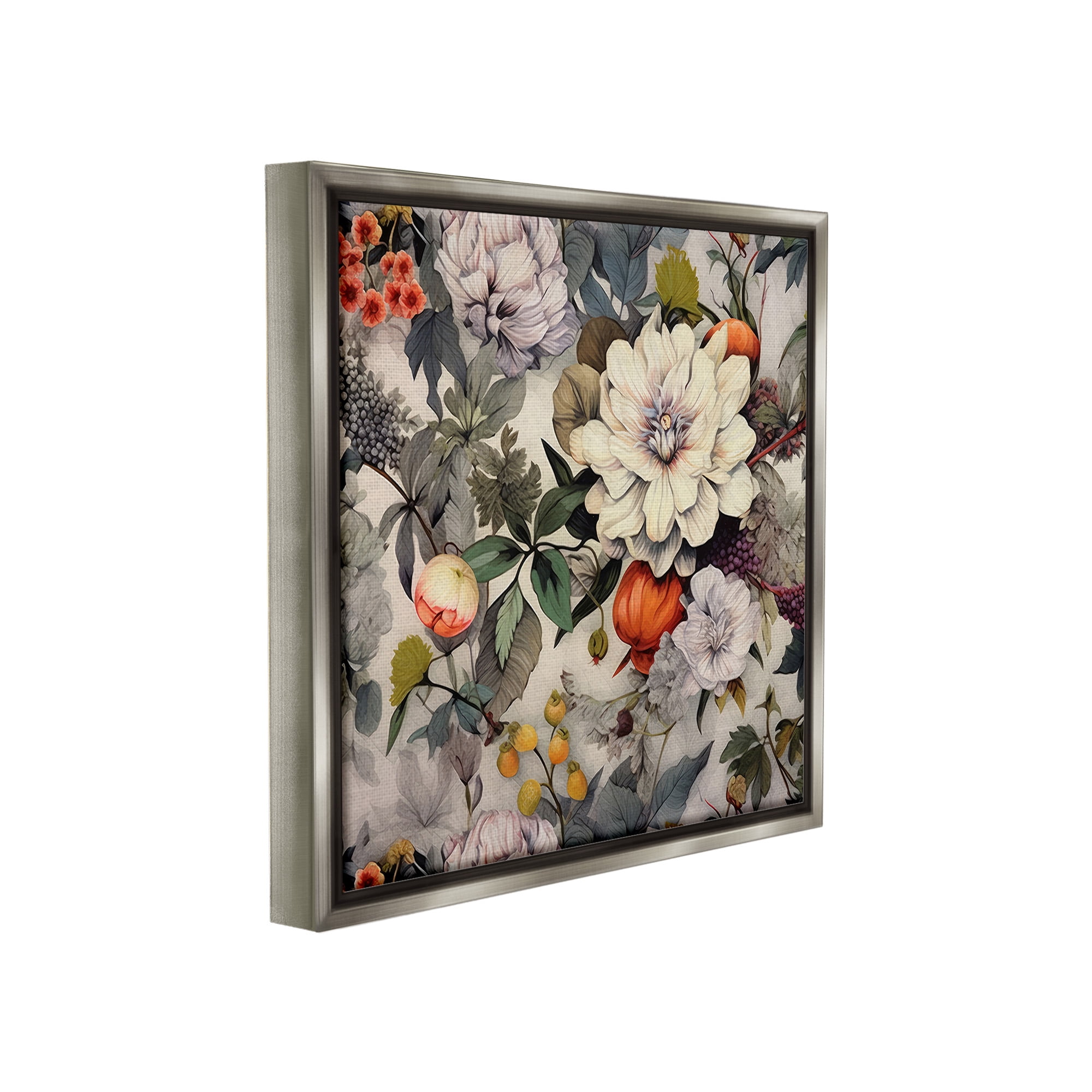 Stupell Industries Vintage Blooms & Fruit Botanical & Floral Painting Gray Floater Framed Canvas Art Print Wall Art, 18 x 18