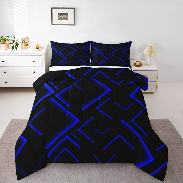 Manfei Ensemble de Douillette Bleu Néon, Ensembles de Douillette Simple Géométriques Minimalistes, Ensemble de Literie Réversible Noir, Décor de Chambre en Microfibre 2 Pcs