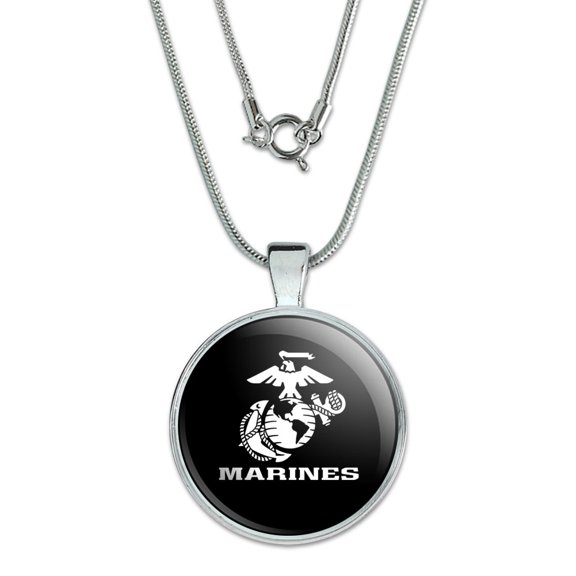 Marines Text USMC White Logo on Black Officially Licensed 1" Pendant with Sterling Silver Plated Chain